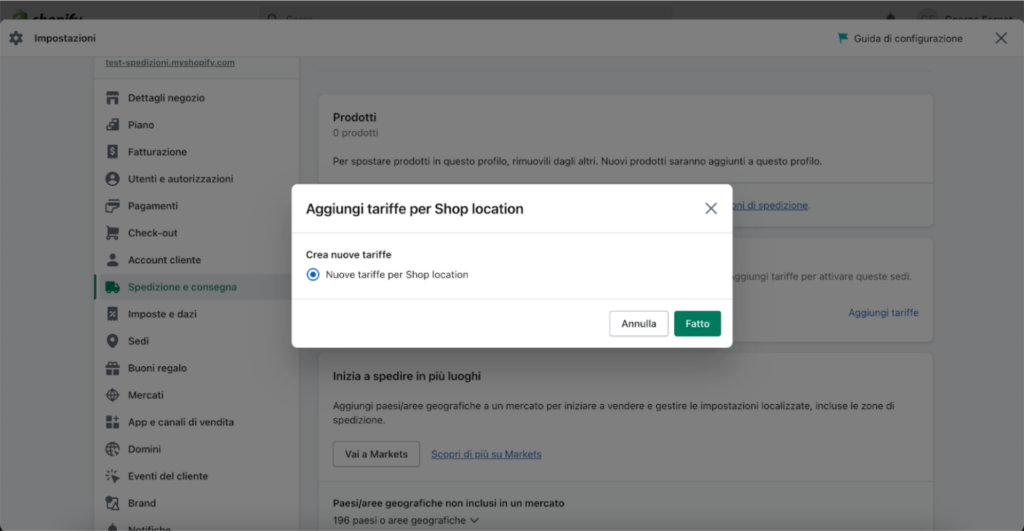 aggiunta tariffe shopify